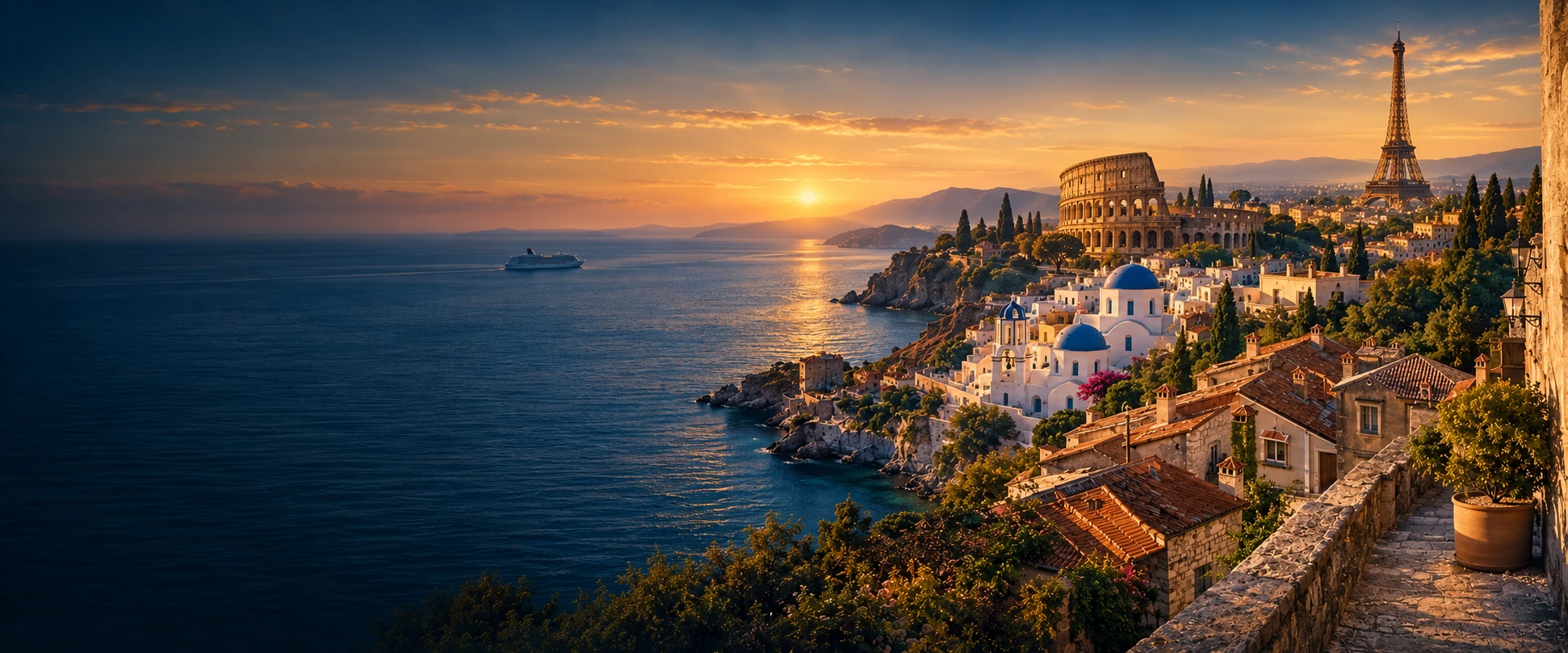 European travel montage blending the Eiffel Tower, Colosseum, and Santorini with a Mediterranean coast in navy and warm gold tones