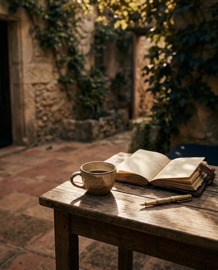 A quiet European cafe with warm architectural details